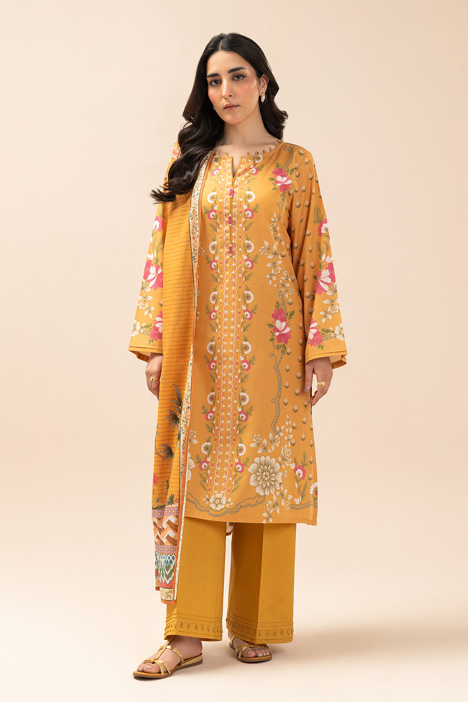 3 PIECE PRINT LAWN SUIT-WILDFLOWER MUSTARD (UNSTITCHED)