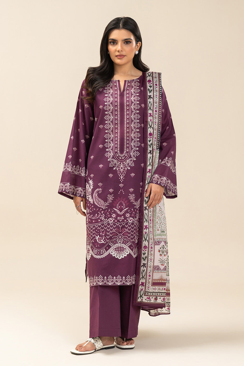 3 PIECE PRINTED LAWN SUIT-ROYAL AMBER (UNSTITCHED)