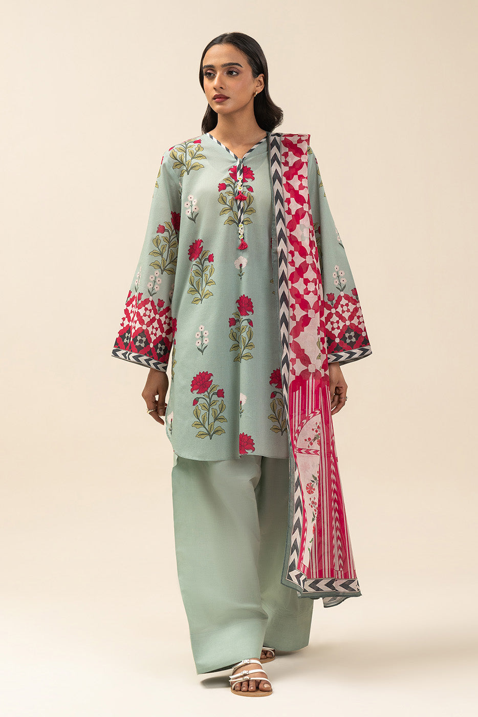 3 PIECE PRINTED LAWN SUIT-SPRING ESCAPE (UNSTITCHED)