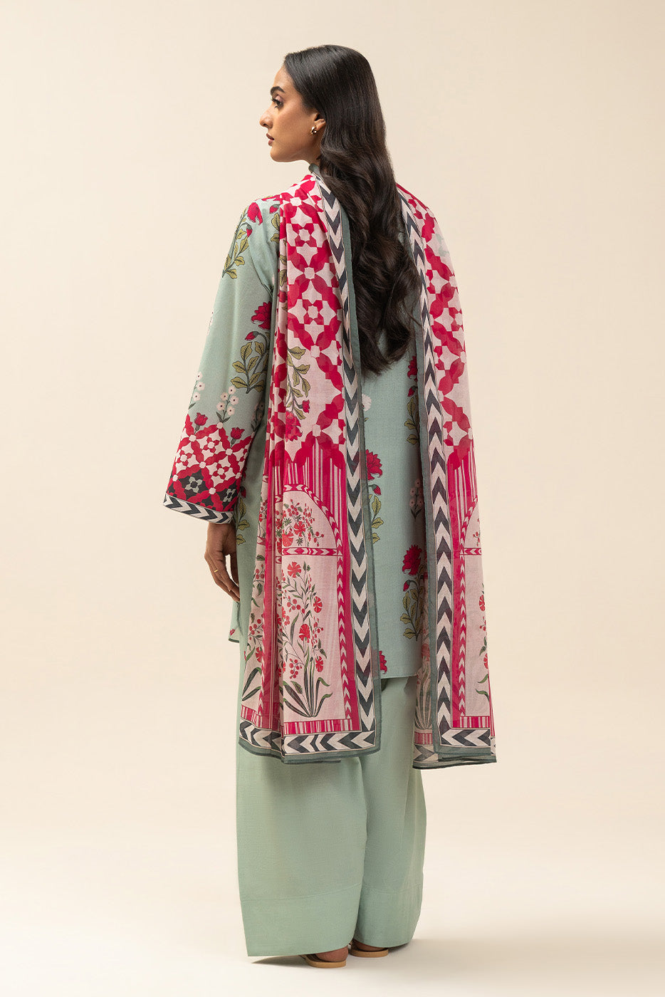 3 PIECE PRINTED LAWN SUIT-SPRING ESCAPE (UNSTITCHED)