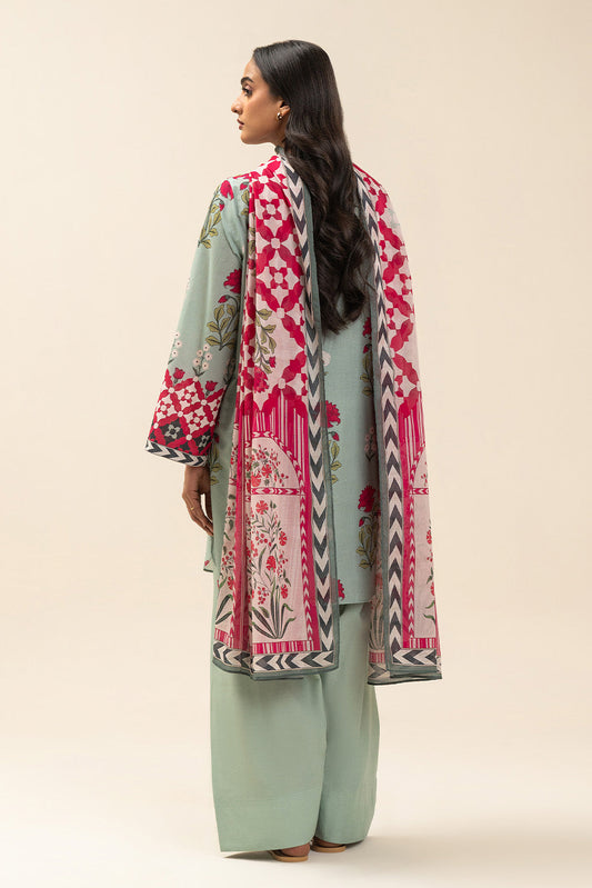 3 PIECE PRINTED LAWN SUIT-SPRING ESCAPE (UNSTITCHED)