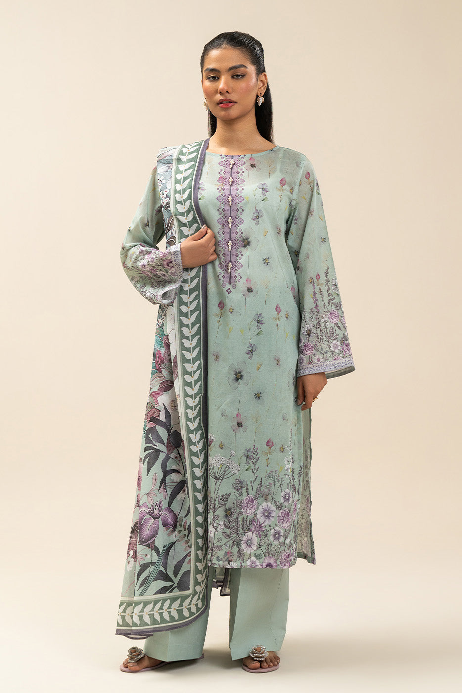 3 PIECE PRINTED LAWN SUIT-FLORET MINT (UNSTITCHED)
