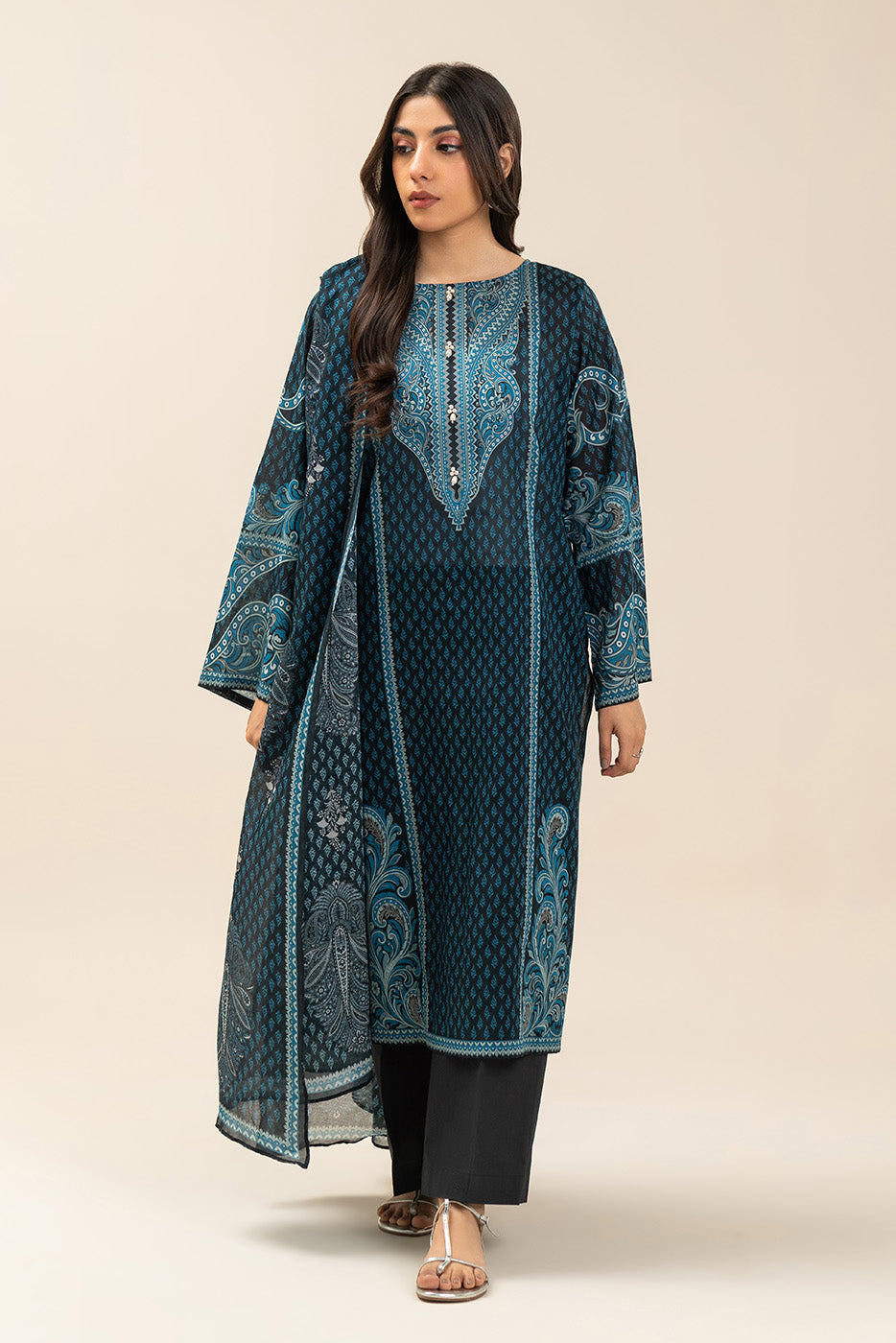 3 PIECE PRINTED LAWN SUIT-INDIGO HAZE (UNSTITCHED)