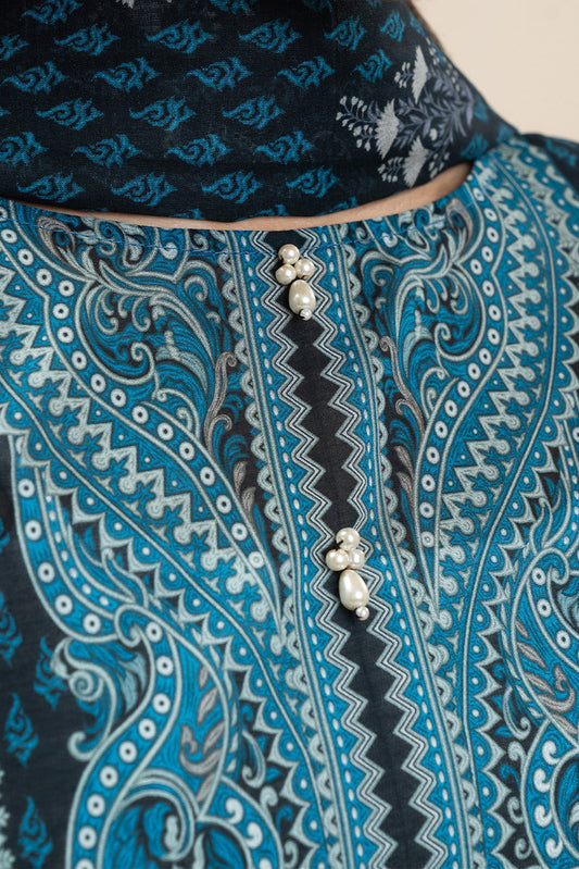 3 PIECE PRINTED LAWN SUIT-INDIGO HAZE (UNSTITCHED)