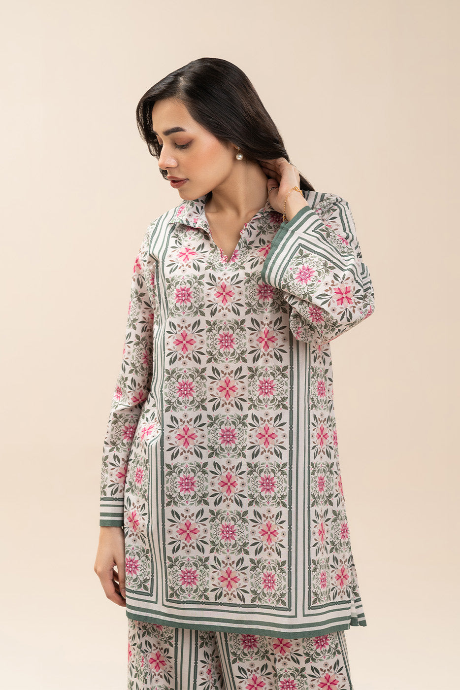 2 PIECE PRINTED LAWN SUIT-OLIVINE MOSAIC (UNSTITCHED)