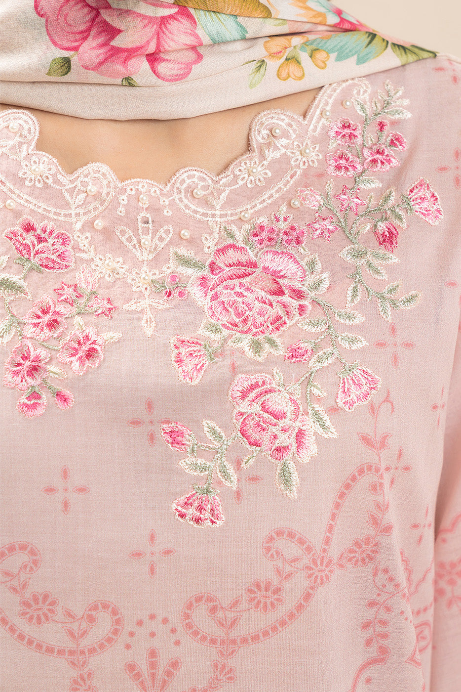 3 PIECE EMBROIDERED LAWN SUIT-ROSE MIST (UNSTITCHED)