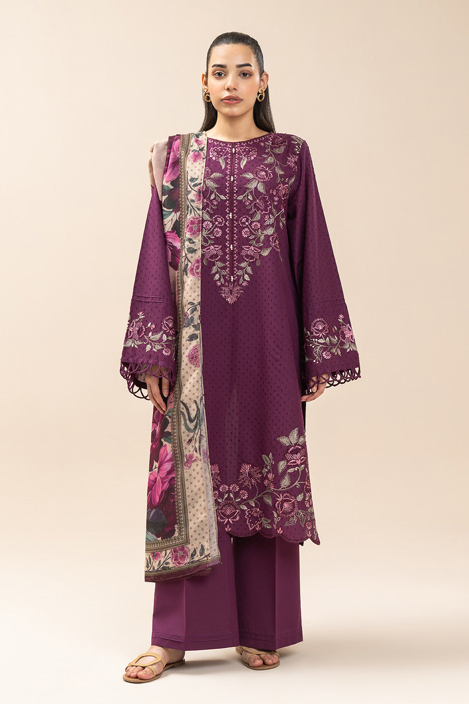 3 PIECE EMBROIDERED SELF JACQUARD SUIT-BERRY BLOSSOM (UNSTITCHED)