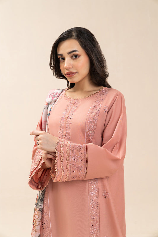 3 PIECE EMBROIDERED LAWN SUIT-CREAM PEACH (UNSTITCHED)