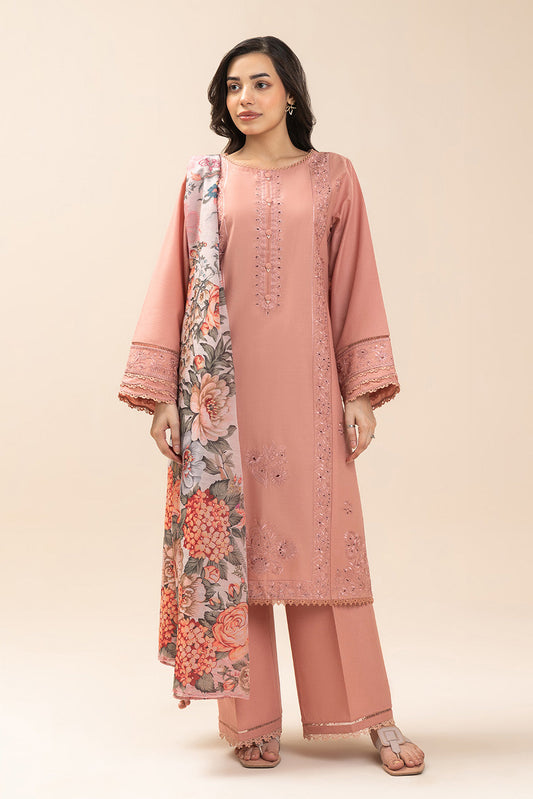 3 PIECE EMBROIDERED LAWN SUIT-CREAM PEACH (UNSTITCHED)