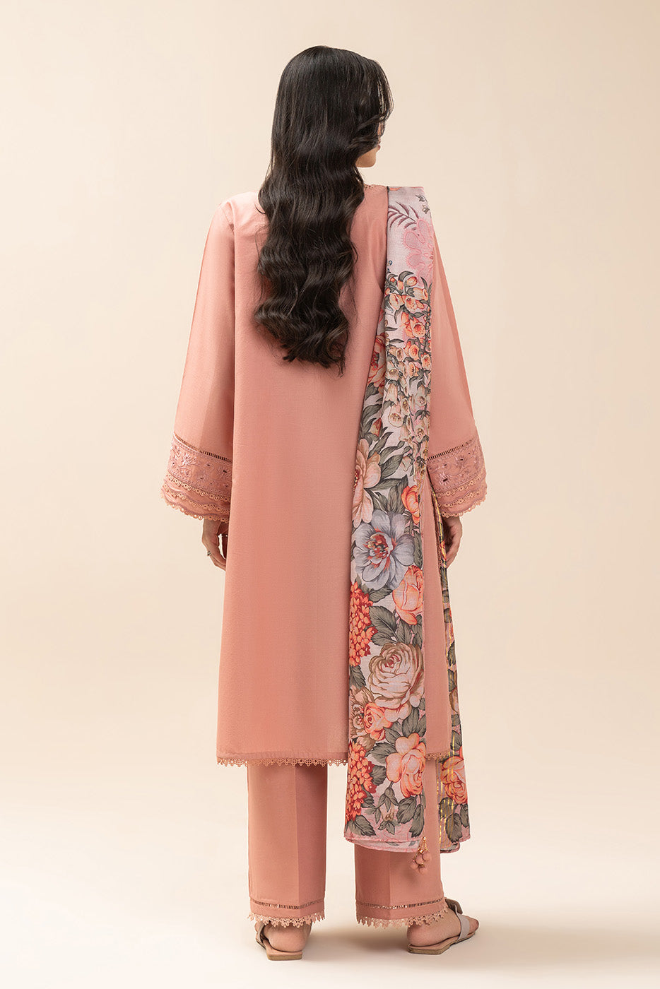 3 PIECE EMBROIDERED LAWN SUIT-CREAM PEACH (UNSTITCHED)