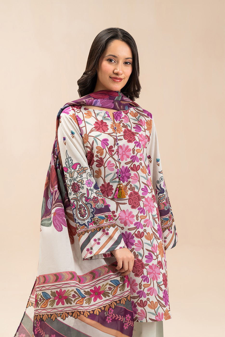 3 PIECE PRINTED LAWN SUIT-WHIMSICAL WHITE (UNSTITCHED)