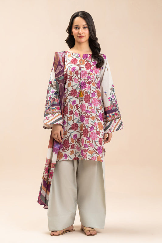 3 PIECE PRINTED LAWN SUIT-WHIMSICAL WHITE (UNSTITCHED)
