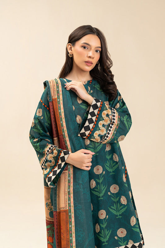 3 PIECE PRINTED LAWN SUIT-EMERALD SLATE (UNSTITCHED)