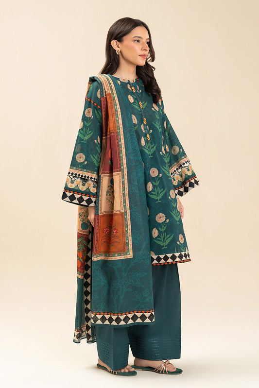 3 PIECE PRINTED LAWN SUIT-EMERALD SLATE (UNSTITCHED)