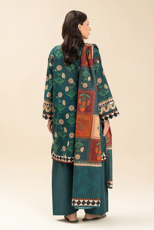 3 PIECE PRINTED LAWN SUIT-EMERALD SLATE (UNSTITCHED)