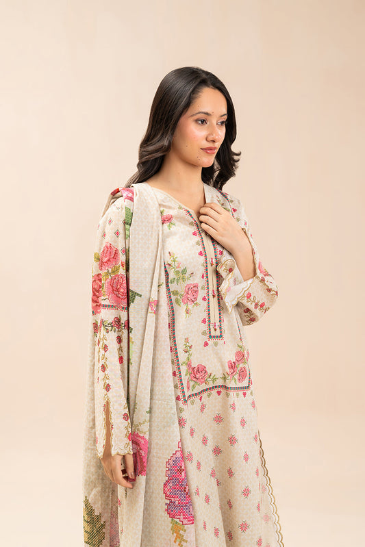 3 PIECE PRINTED LAWN SUIT-DUNE MIST (UNSTITCHED)