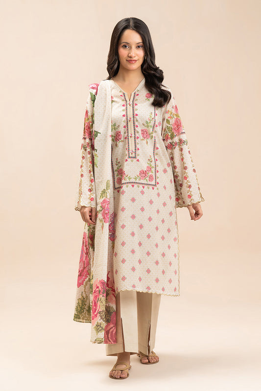 3 PIECE PRINTED LAWN SUIT-DUNE MIST (UNSTITCHED)