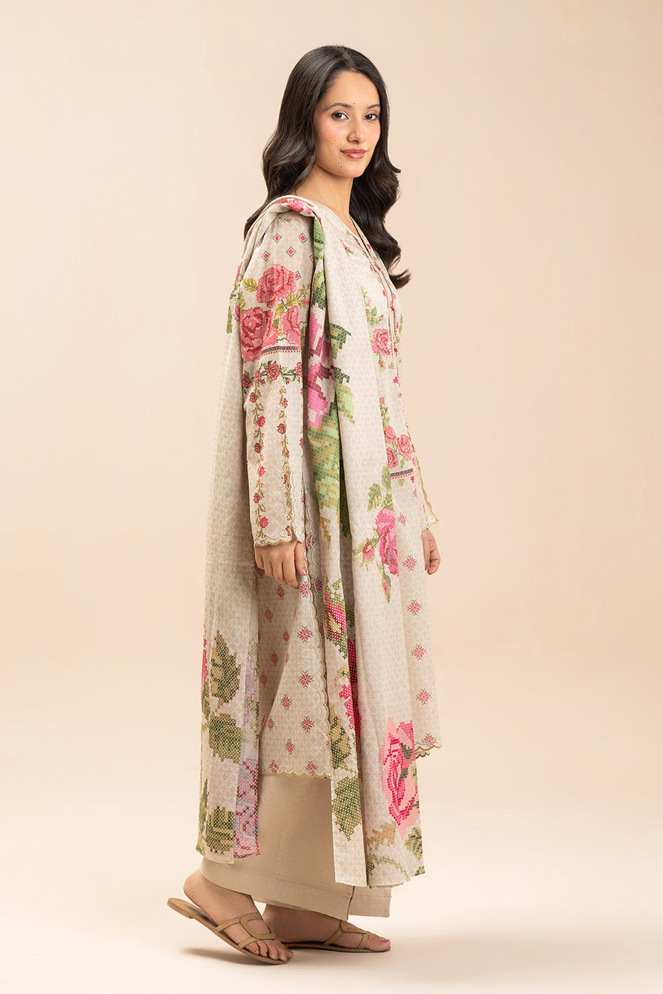 3 PIECE PRINTED LAWN SUIT-DUNE MIST (UNSTITCHED)