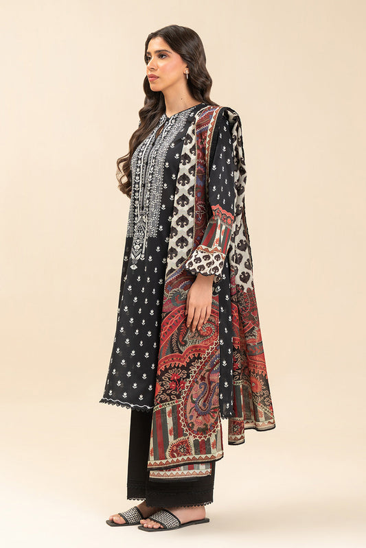 3 PIECE PRINTED LAWN SUIT-SOMBER BLACK (UNSTITCHED)