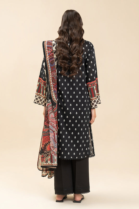 3 PIECE PRINTED LAWN SUIT-SOMBER BLACK (UNSTITCHED)