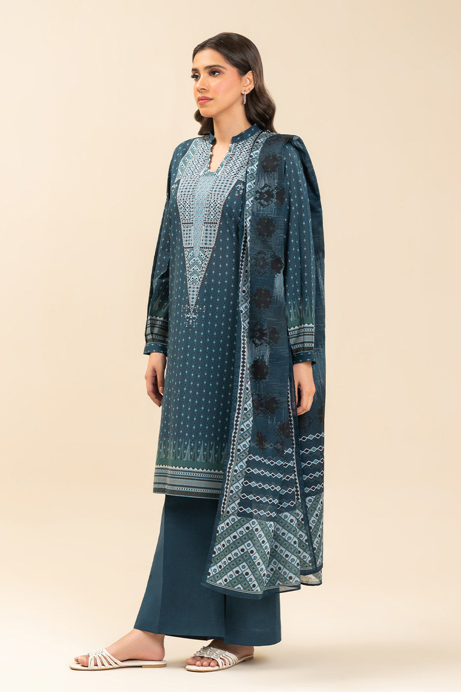 3 PIECE PRINTED LAWN SUIT-BLUE WARREN (UNSTITCHED)