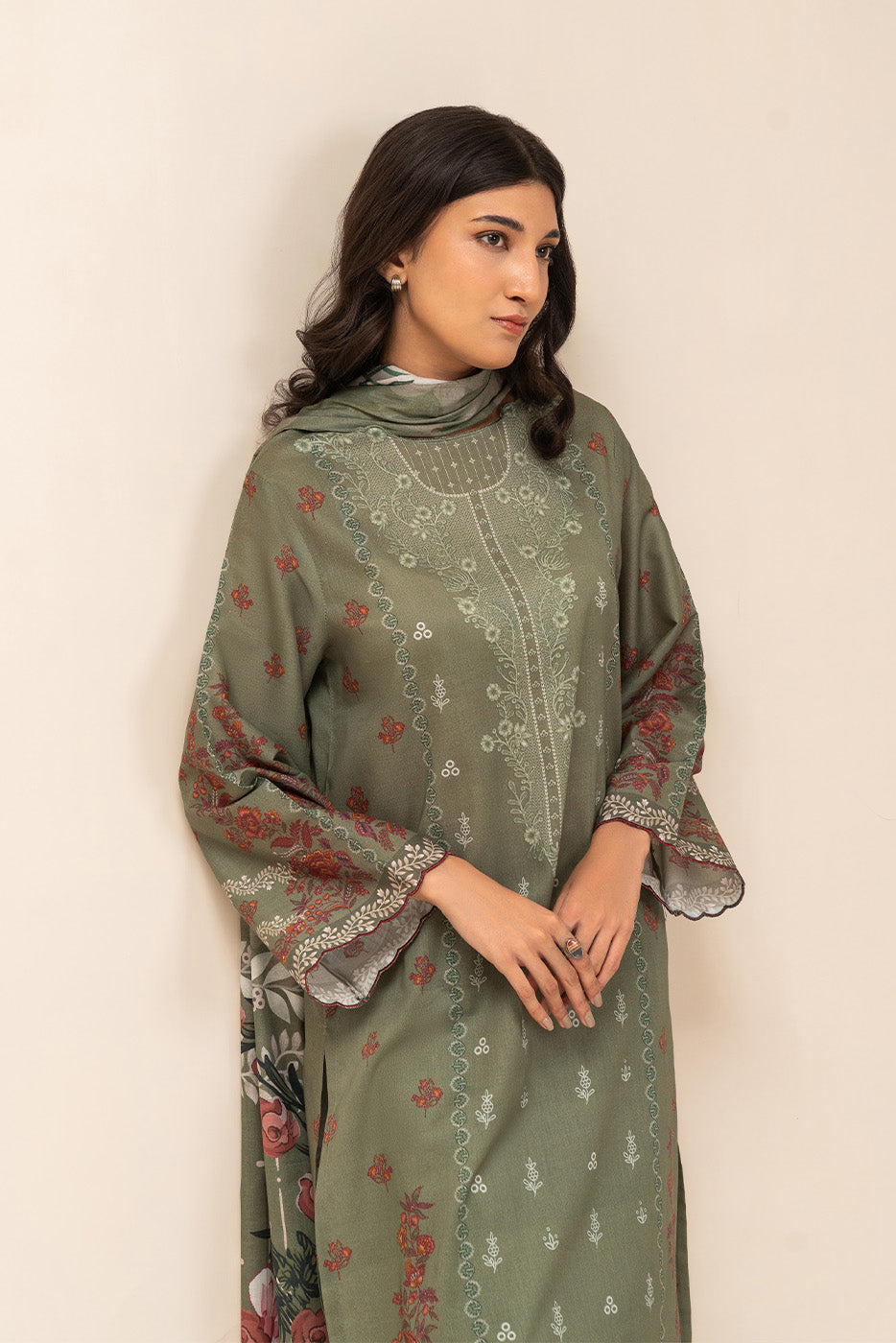 3 PIECE PRINT LAWN SUIT-OLIVE ESSENCE (UNSTITCHED)