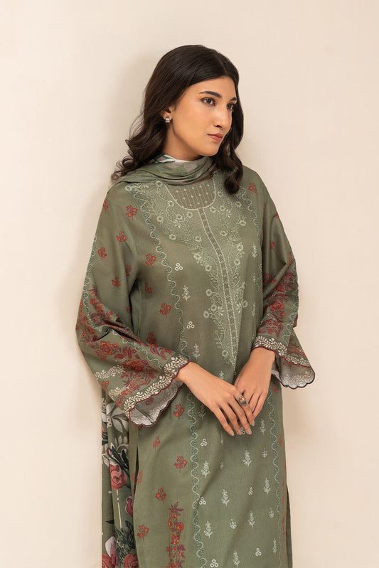 3 PIECE PRINT LAWN SUIT-OLIVE ESSENCE (UNSTITCHED)