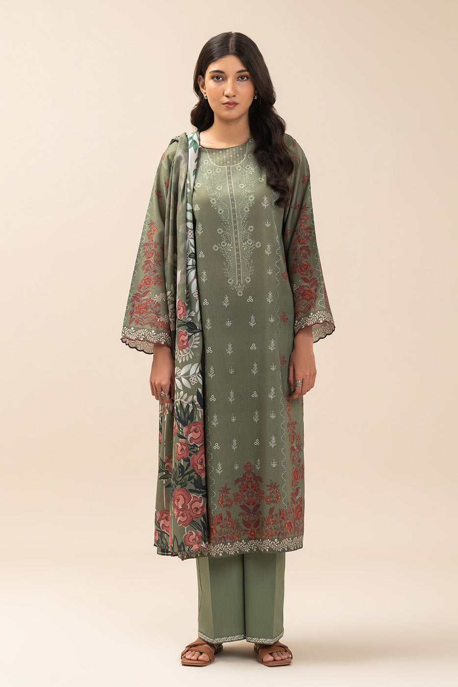 3 PIECE PRINT LAWN SUIT-OLIVE ESSENCE (UNSTITCHED)