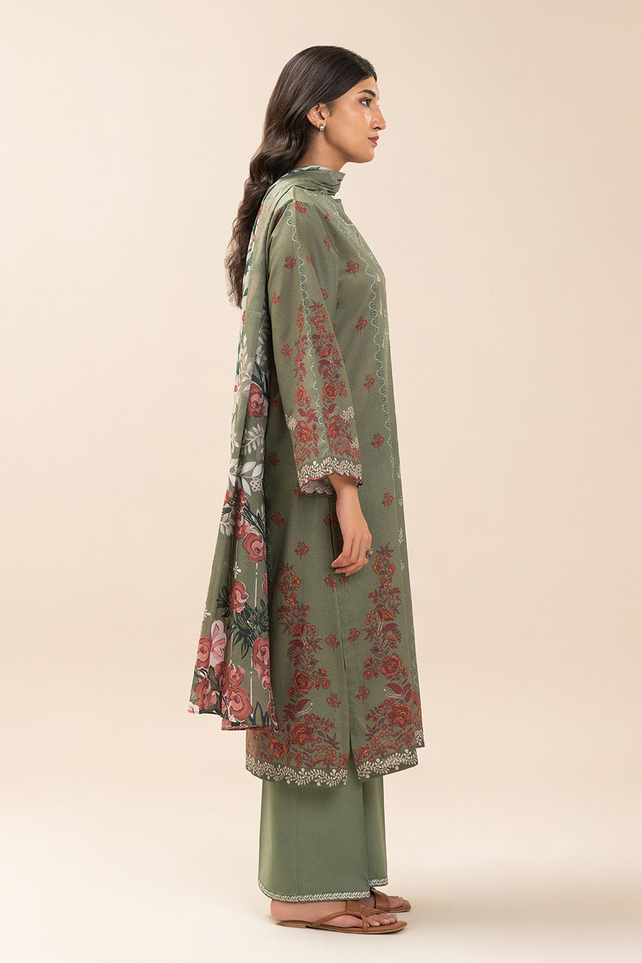 3 PIECE PRINT LAWN SUIT-OLIVE ESSENCE (UNSTITCHED)