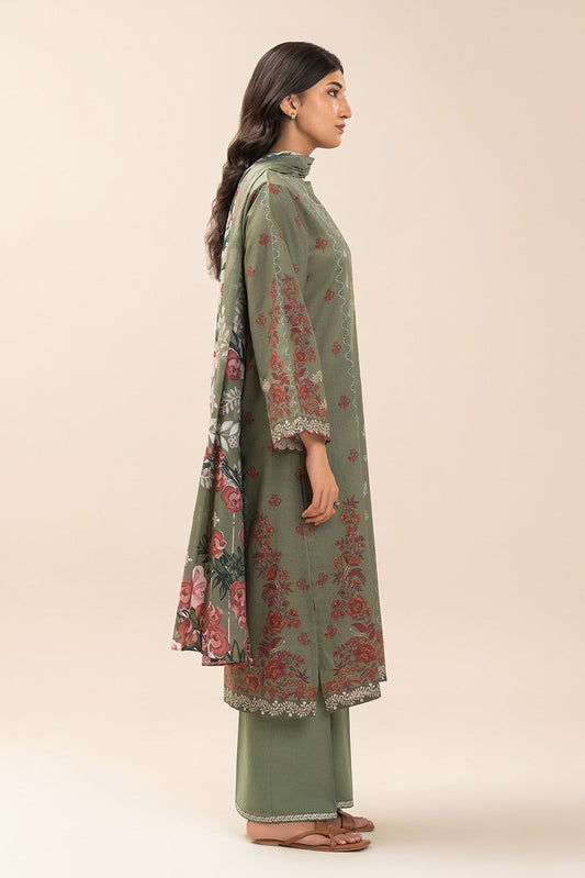 3 PIECE PRINT LAWN SUIT-OLIVE ESSENCE (UNSTITCHED)