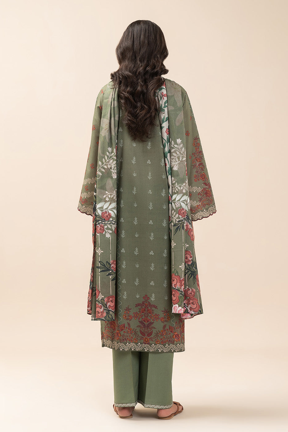 3 PIECE PRINT LAWN SUIT-OLIVE ESSENCE (UNSTITCHED)