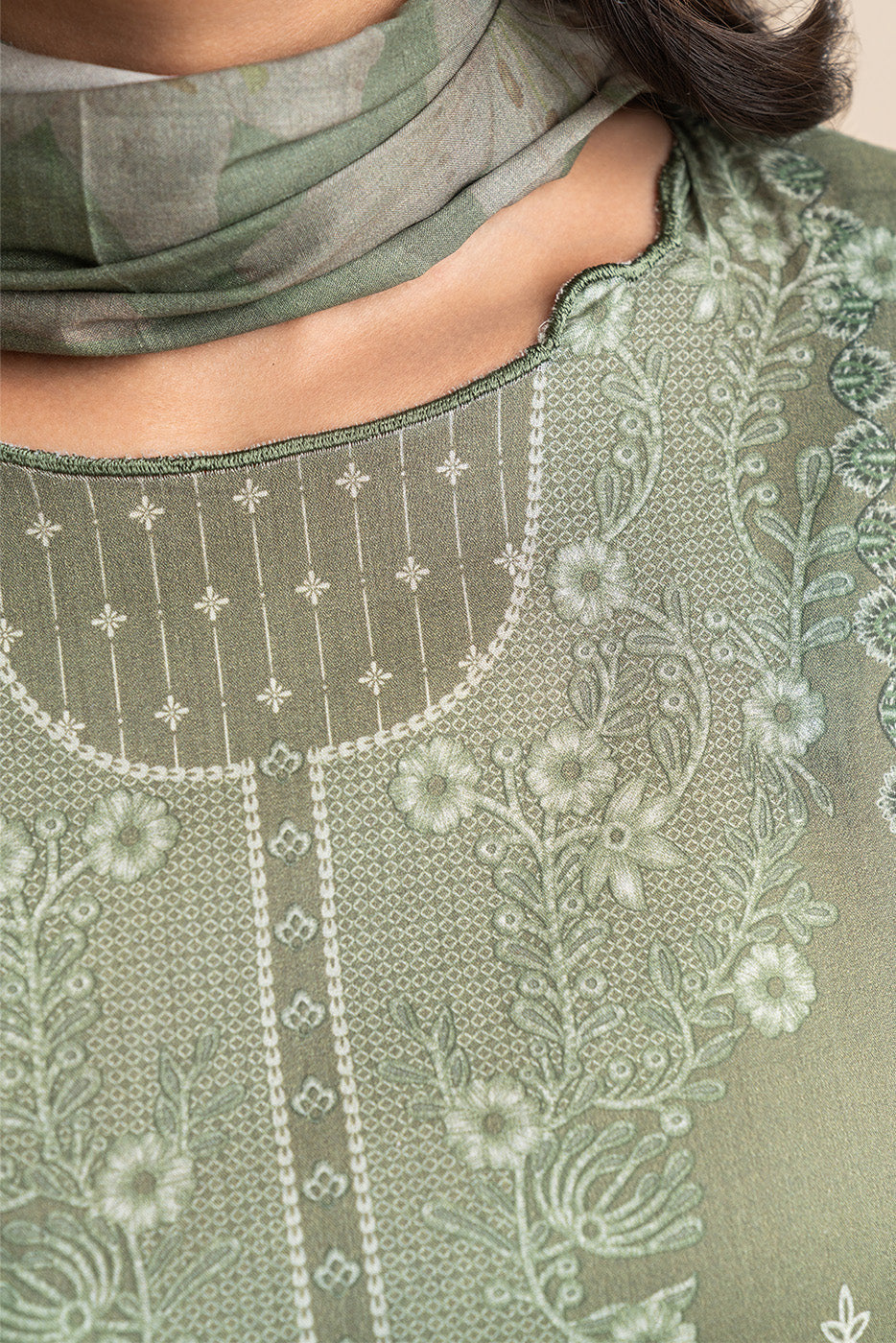 3 PIECE PRINT LAWN SUIT-OLIVE ESSENCE (UNSTITCHED)
