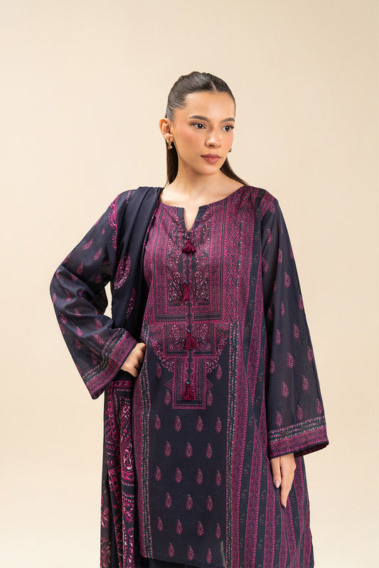 3 PIECE PRINTED LAWN SUIT-RETRO BLUE (UNSTITCHED)