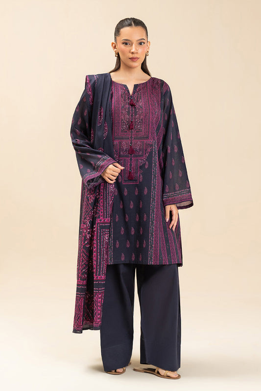 3 PIECE PRINTED LAWN SUIT-RETRO BLUE (UNSTITCHED)
