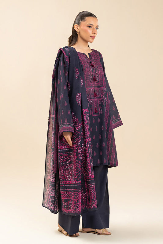 3 PIECE PRINTED LAWN SUIT-RETRO BLUE (UNSTITCHED)