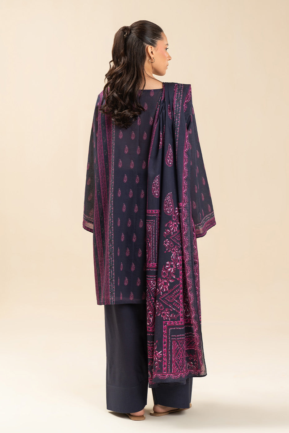 3 PIECE PRINTED LAWN SUIT-RETRO BLUE (UNSTITCHED)