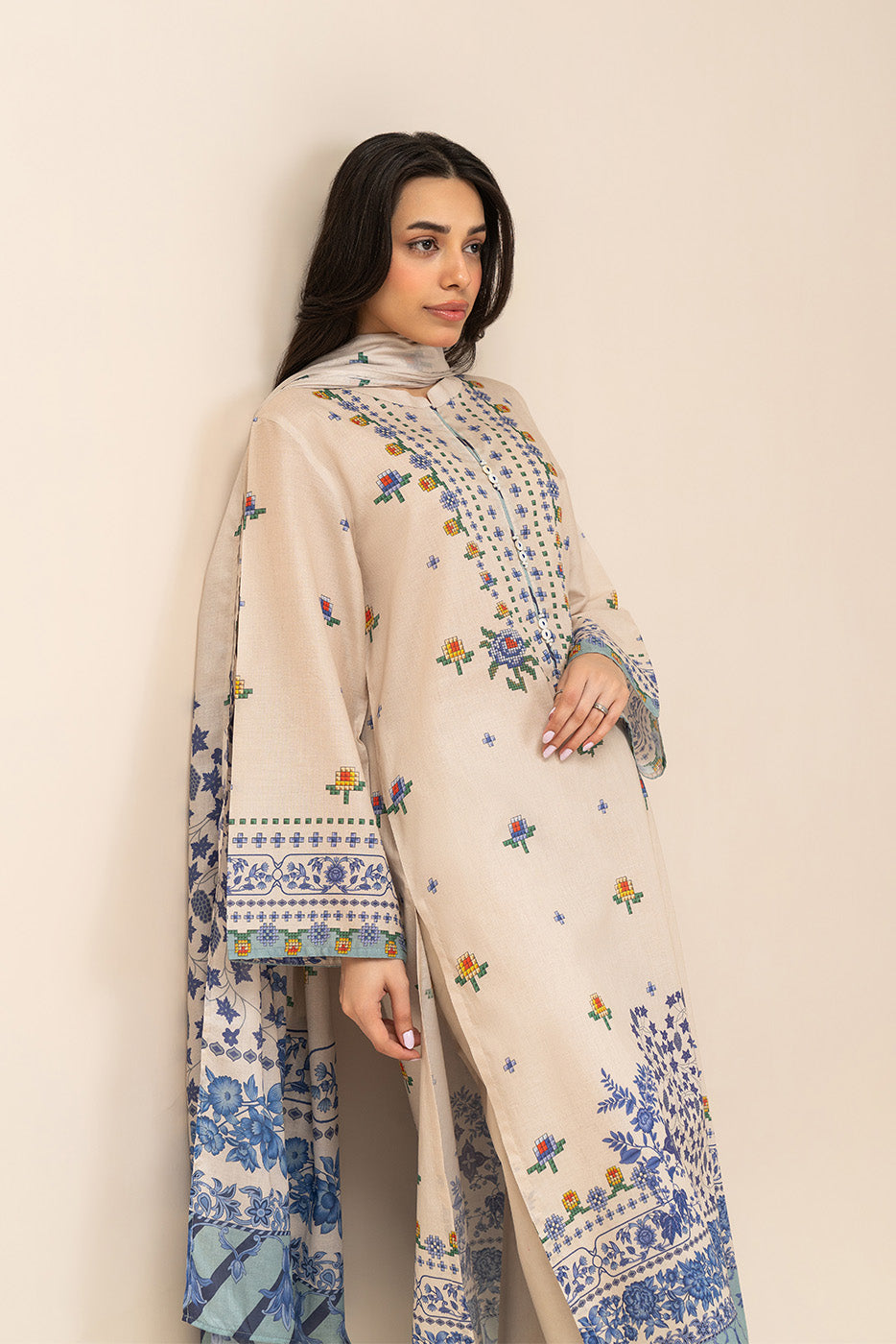 3 PIECE PRINTED LAWN SUIT-CROSS BLUE (UNSTITCHED)