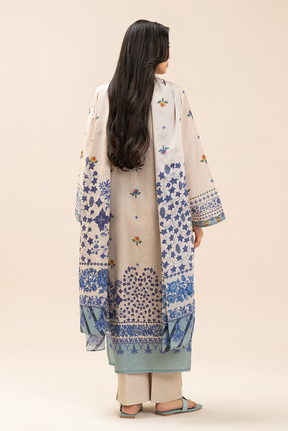 3 PIECE PRINTED LAWN SUIT-CROSS BLUE (UNSTITCHED)