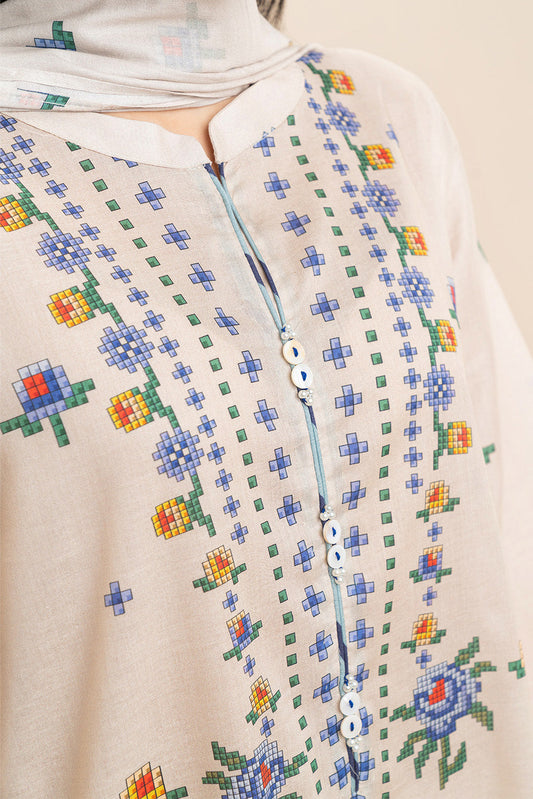 3 PIECE PRINTED LAWN SUIT-CROSS BLUE (UNSTITCHED)