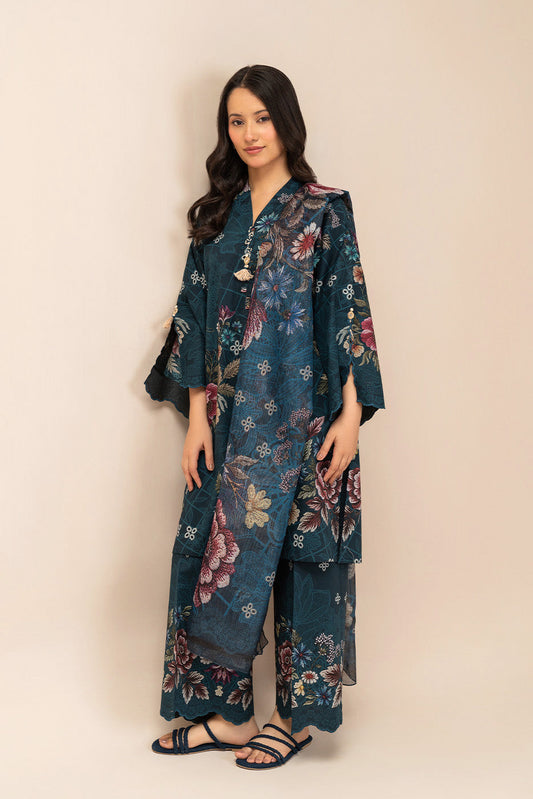 3 PIECE PRINTED LAWN SUIT-CERULEAN FLORA (UNSTITCHED)