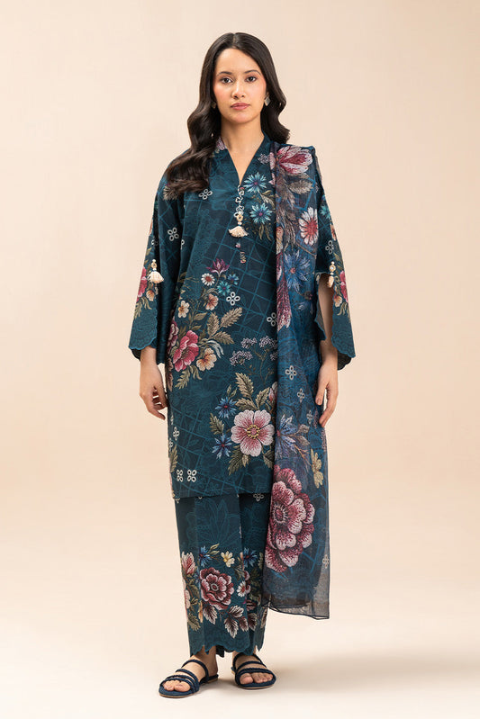 3 PIECE PRINTED LAWN SUIT-CERULEAN FLORA (UNSTITCHED)