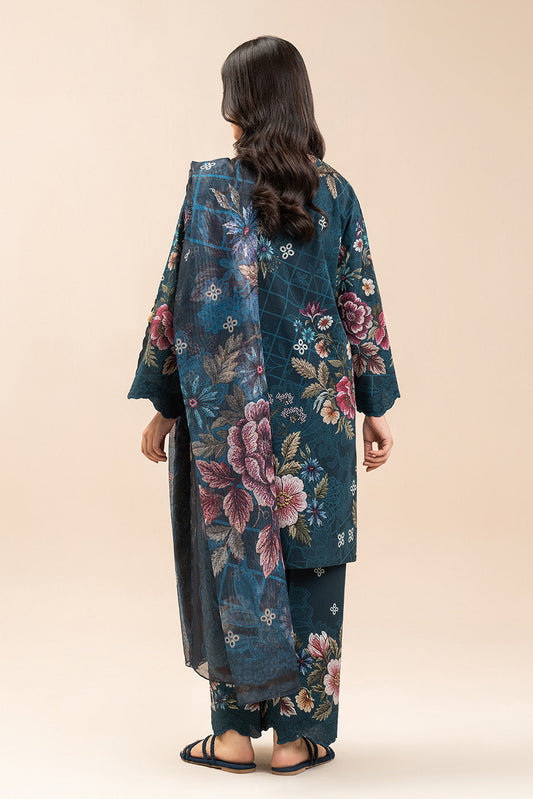 3 PIECE PRINTED LAWN SUIT-CERULEAN FLORA (UNSTITCHED)