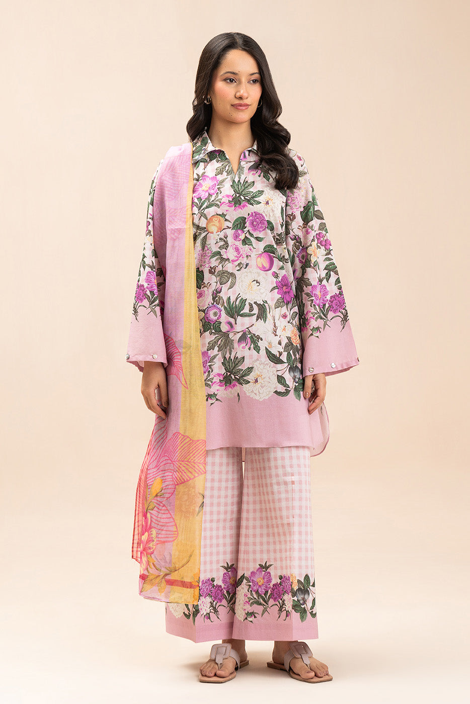 3 PIECE PRINTED LAWN SUIT-ROSEVINE PLAID (UNSTITCHED)