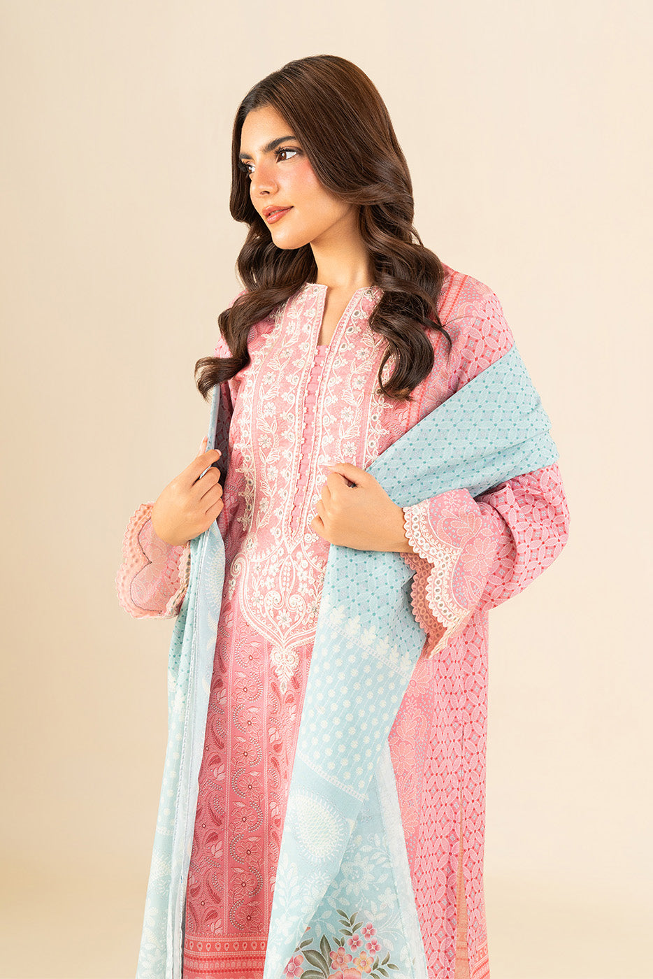 3 PIECE EMBROIDERED LAWN SUIT-VINTAGE TAUPE (UNSTITCHED)