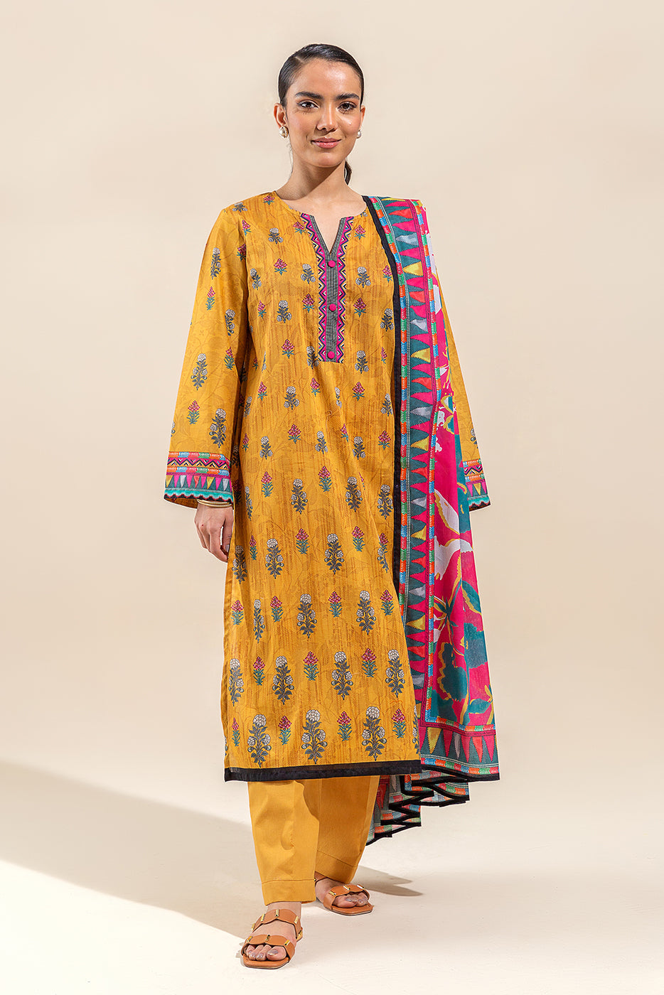 3 PIECE PRINTED LAWN SUIT-YELLOW VOYAGE (UNSTITCHED)