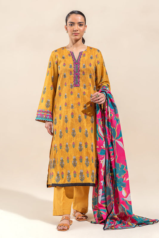 3 PIECE PRINTED LAWN SUIT-YELLOW VOYAGE (UNSTITCHED)