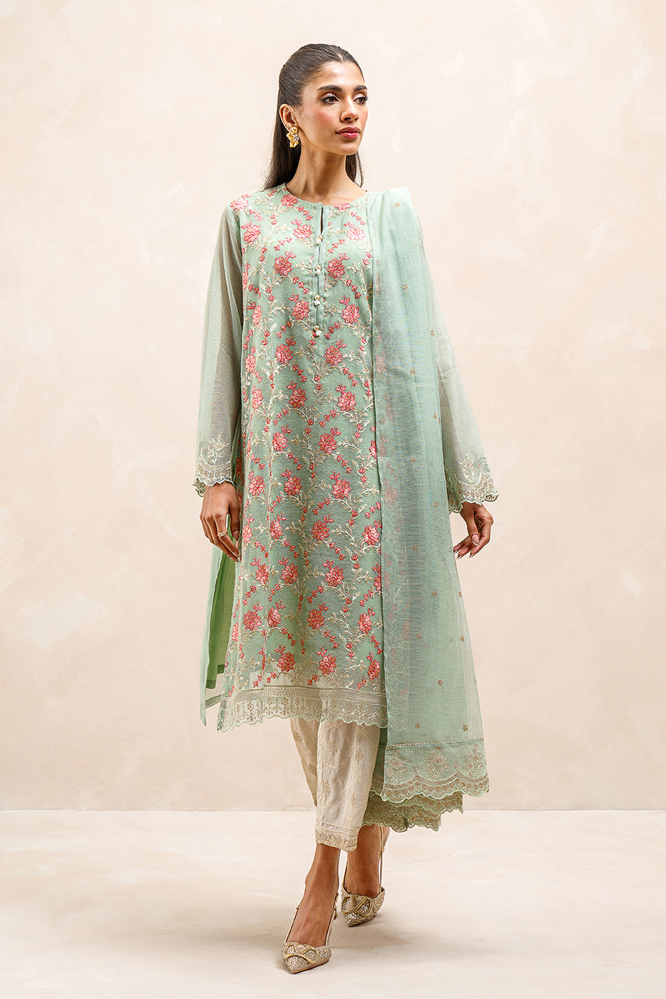 2 PIECE EMBROIDERED COTTON NET SUIT (LUXURY-PRET)