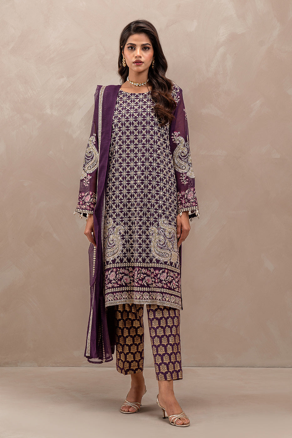 3 PIECE EMBROIDERED COTTON NET SUIT (LUXURY-PRET)