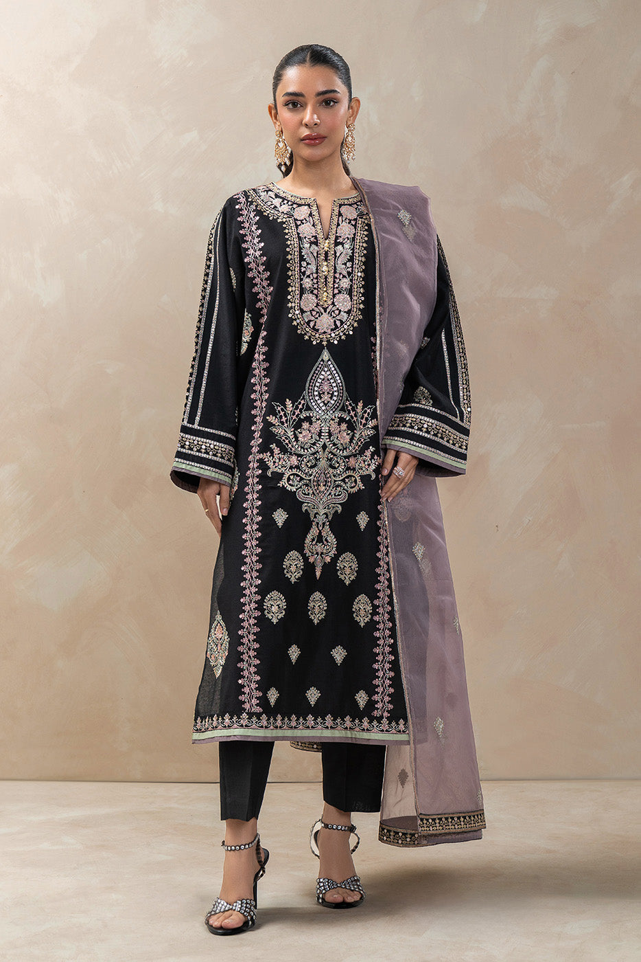 3 PIECE EMBROIDERED TWO TONE SUIT (LUXURY-PRET)