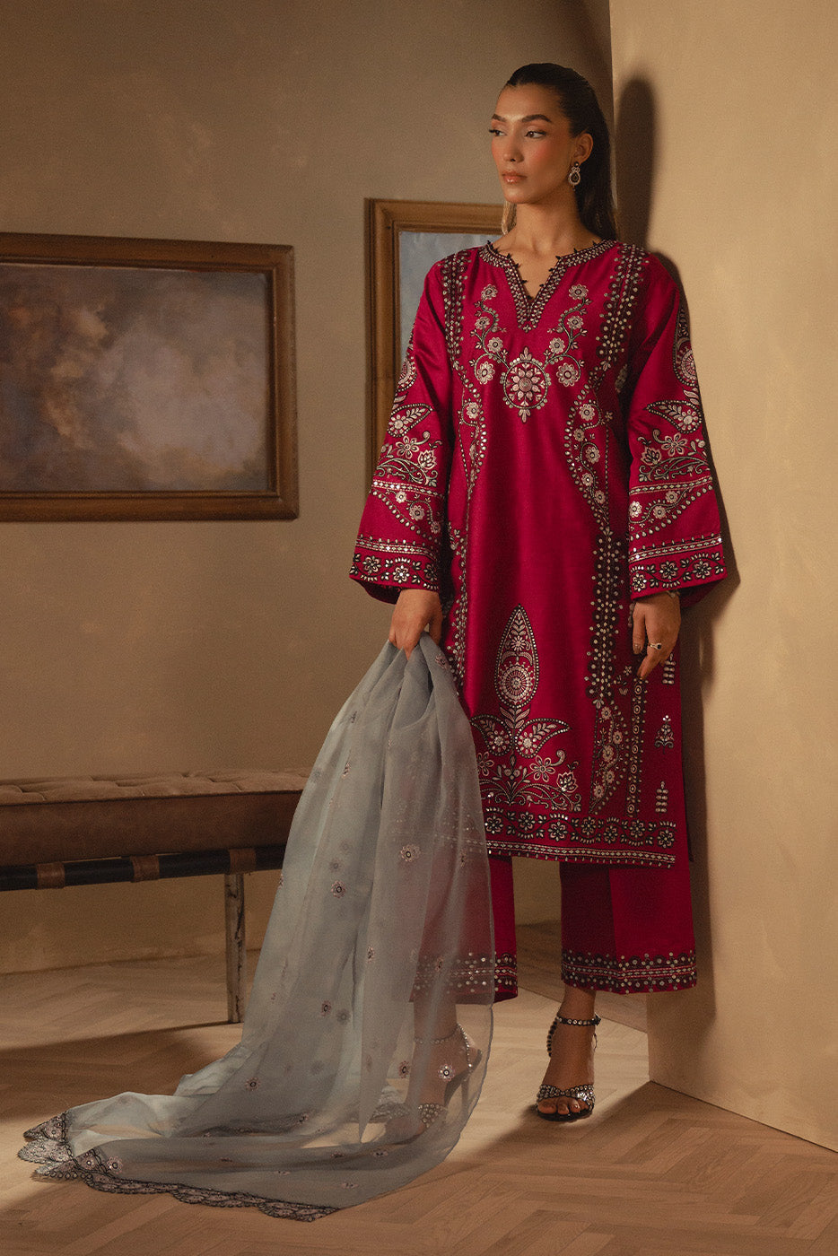 3 PIECE EMBROIDERED TWO TONE SUIT (LUXURY PRET)